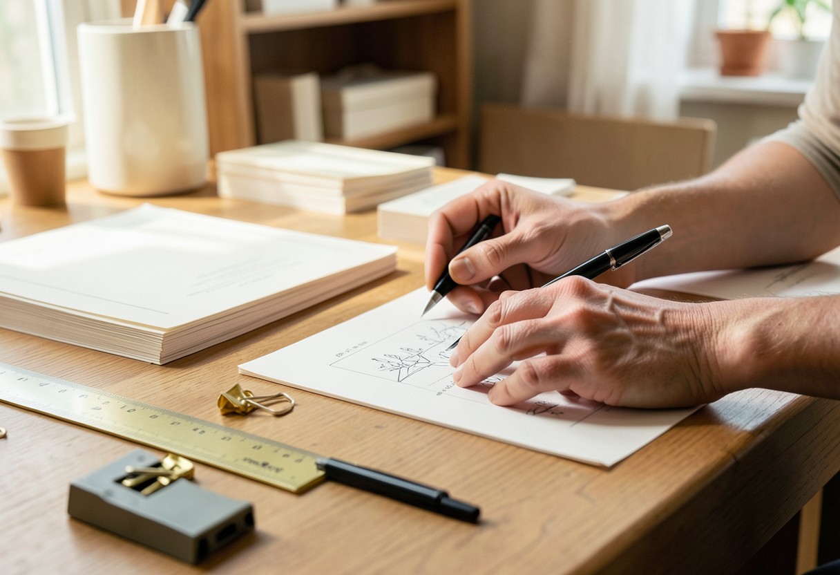 Manos preparando hojas impresas en un escritorio de papelería; imagen ilustrativa