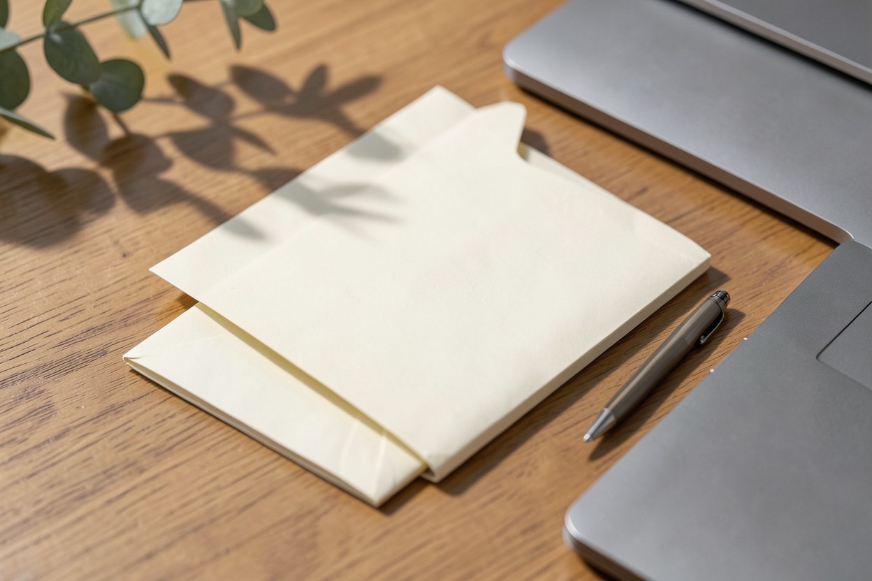 Escritorio con carpeta y elementos de escritura; imagen ilustrativa.