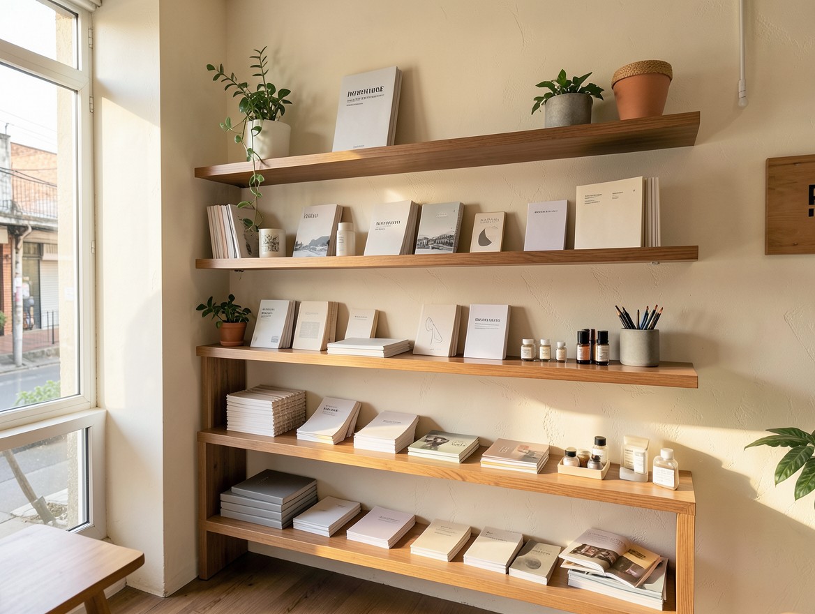 Interior ilustrativo de una tienda de papelería con estanterías de productos